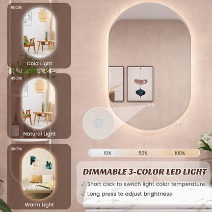 80 x 50 CM Oval LED Wall Mirror with Dimmable 3-Color Lights and Smart Touch