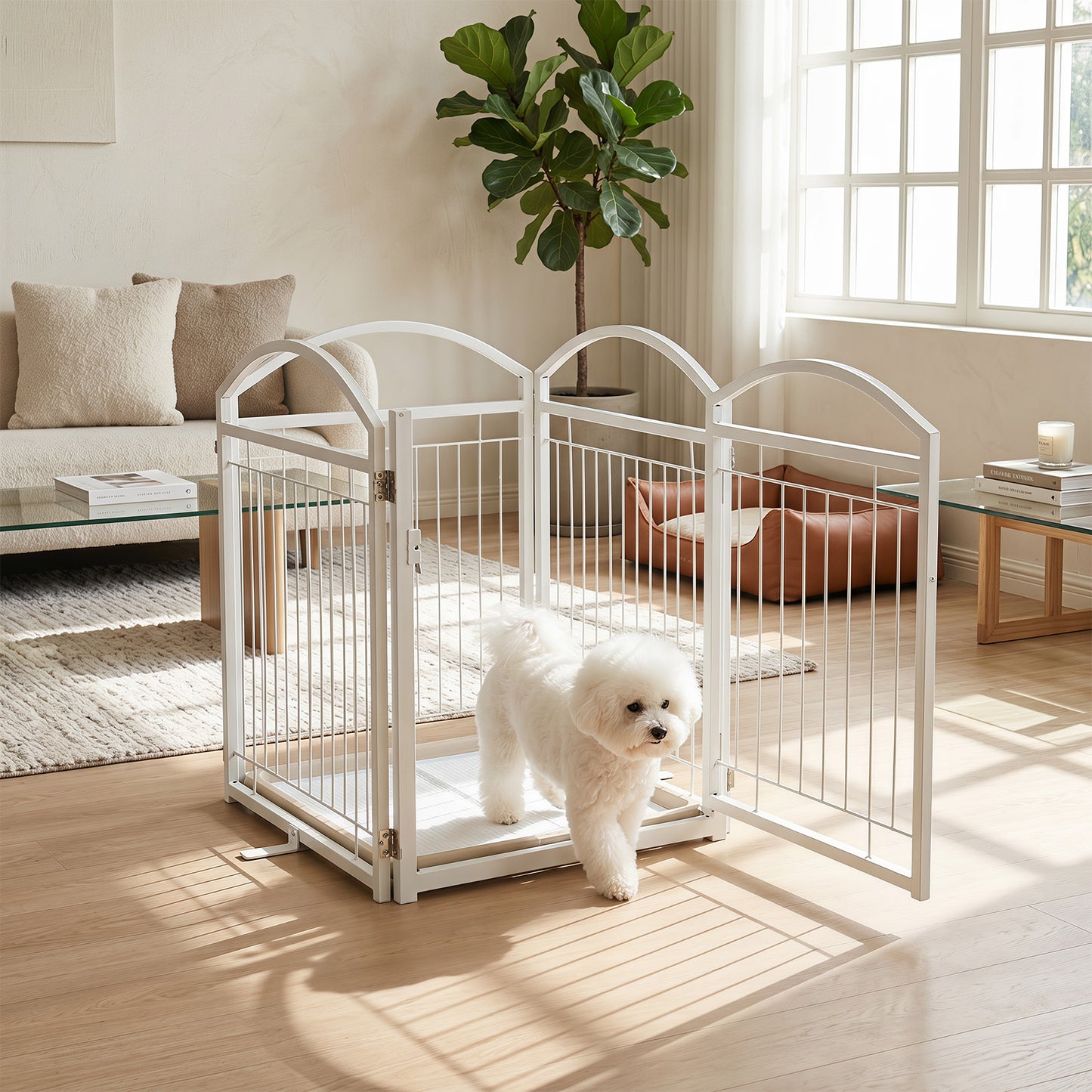 81 cm Foldable Dog Barrier Gate with 4 Panels and Door for Small Dogs Indoor Outdoor-White