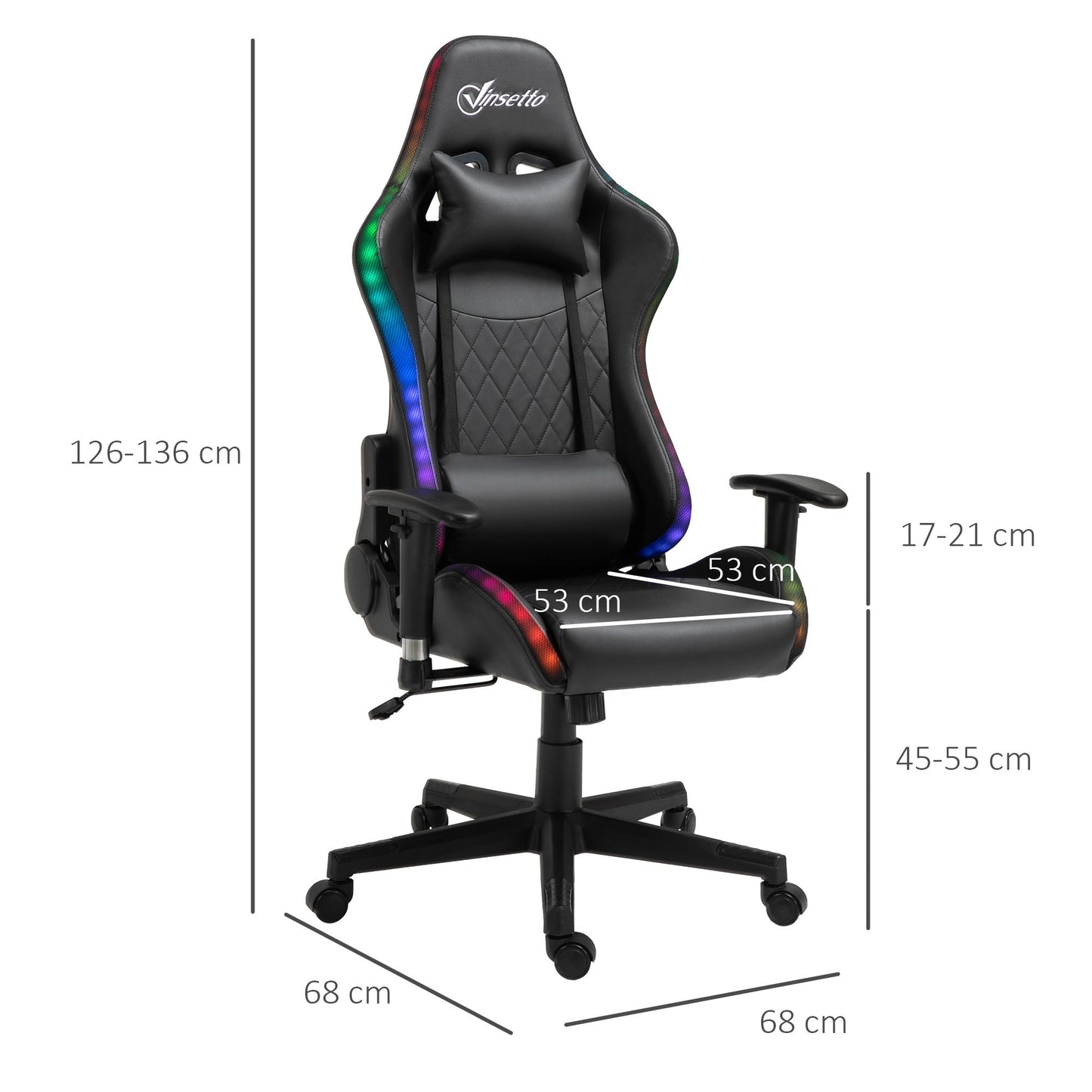 Vinsetto Gaming Chair w/ RGB LED Light, Arm, Swivel Home Office Gamer Recliner, Black