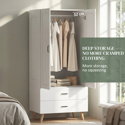 HOMCOM 2-Door Wardrobe, Modern Wardrobe with 2 Drawers and Hanging Rail for Bedroom, White