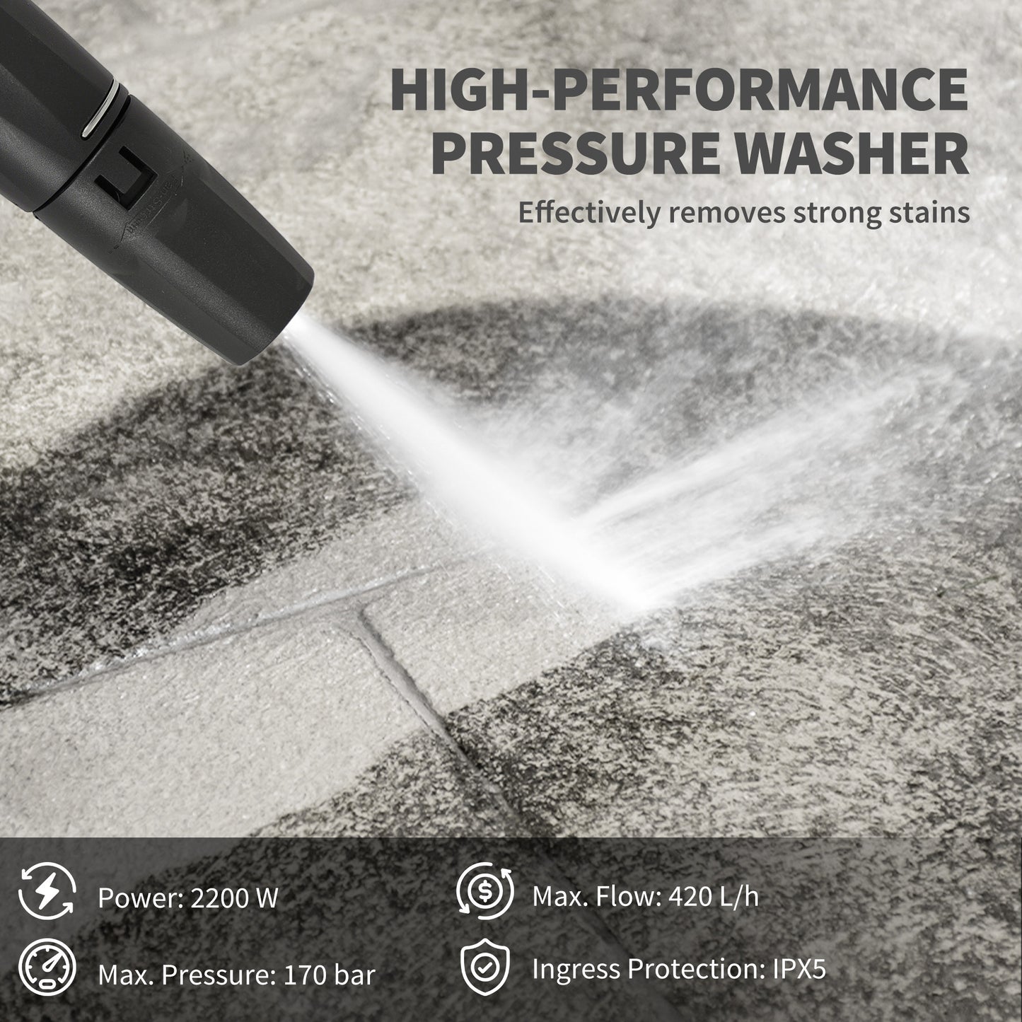 Outsunny 2200W HighÂ PressureÂ Washer, 170 Bar Pressure, 420 L/h Flow, Portable Electric Power Washer Jet Wash Cleaner with Adjustable Nozzle 6M Hose and Hose Reel for Home Patio Car Driveway