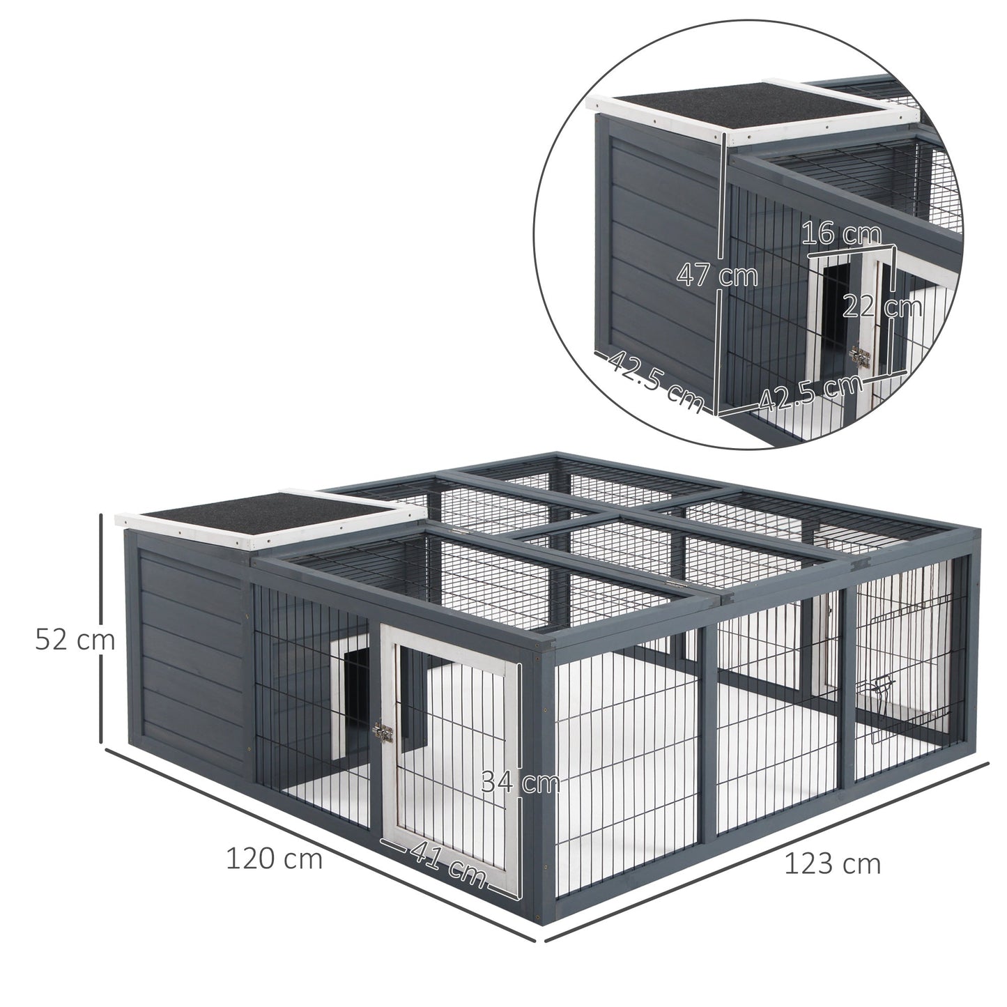 PawHut Rabbit Hutch Outdoor, Guinea Pig House, Bunny Run Cage with Openable Top for 1-2 Rabbits, 123 x 120 x 52cm, Grey