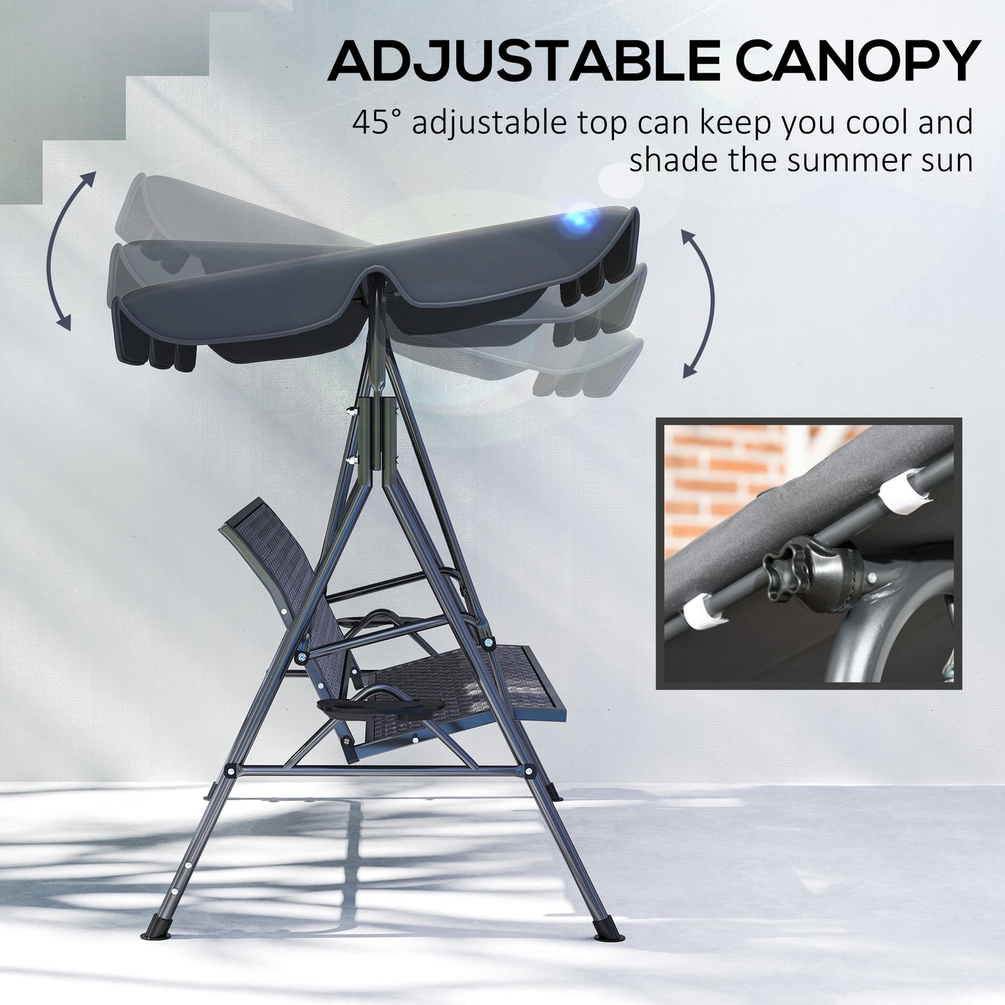 Outsunny 3 Seater Swing Chair, Garden Swing Seat Bench with Adjustable Canopy, Rattan Seat and Steel Frame for Patio, Yard, Grey