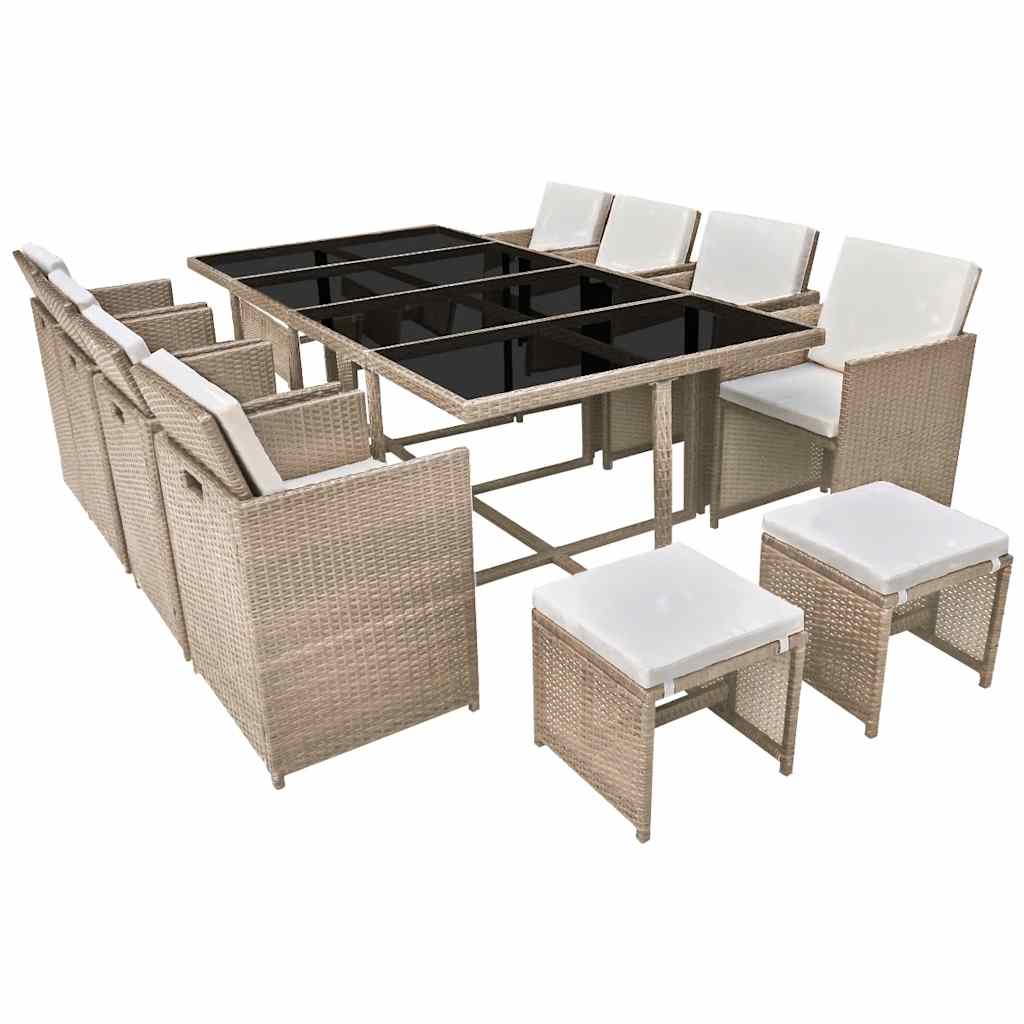 42558 vidaXL 13 Piece Outdoor Dining Set with Cushions Poly Rattan Beige 2