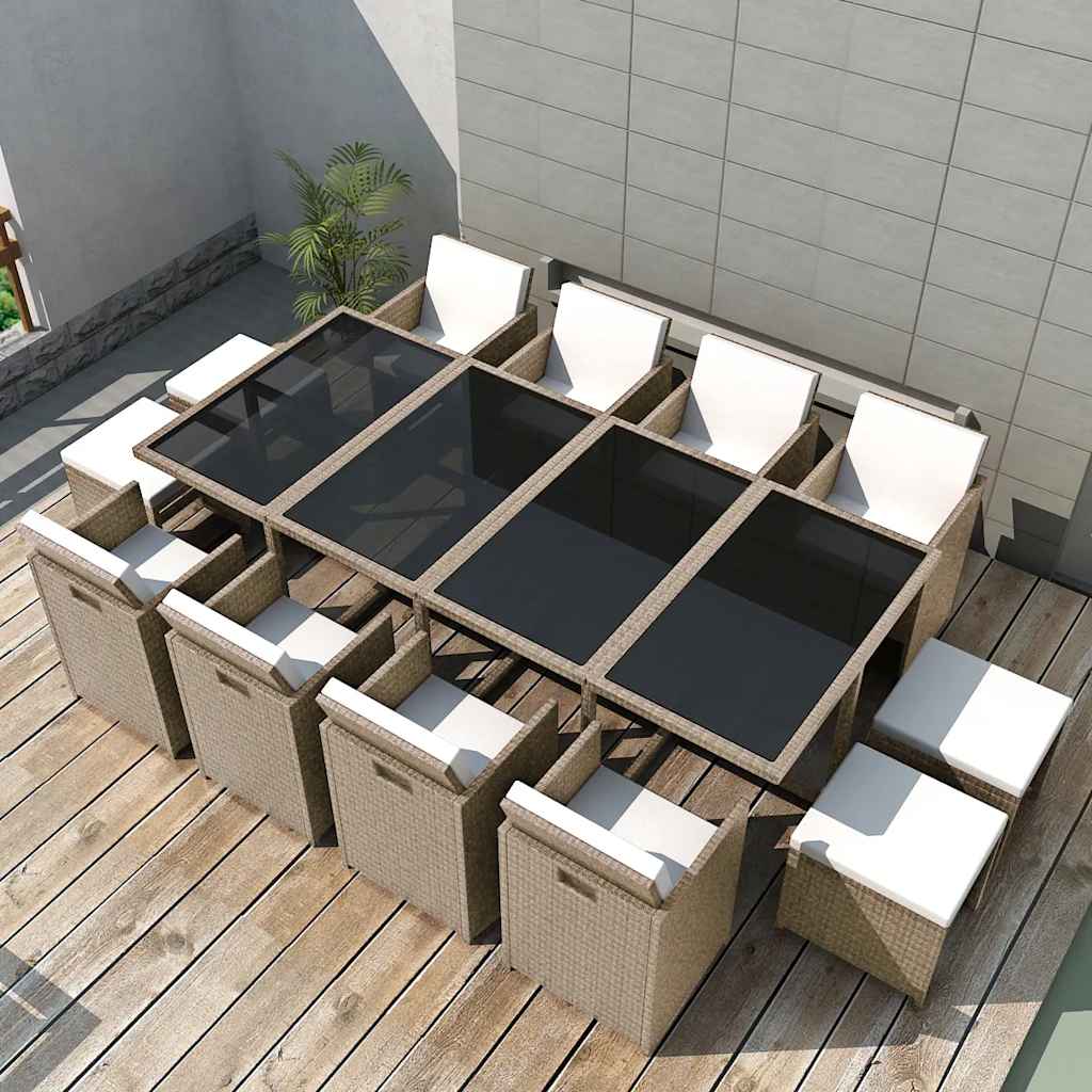 42558 vidaXL 13 Piece Outdoor Dining Set with Cushions Poly Rattan Beige 1