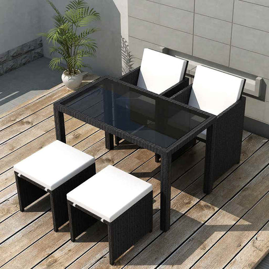 5 Piece Outdoor Dining Set with Cushions Poly Rattan Black 4