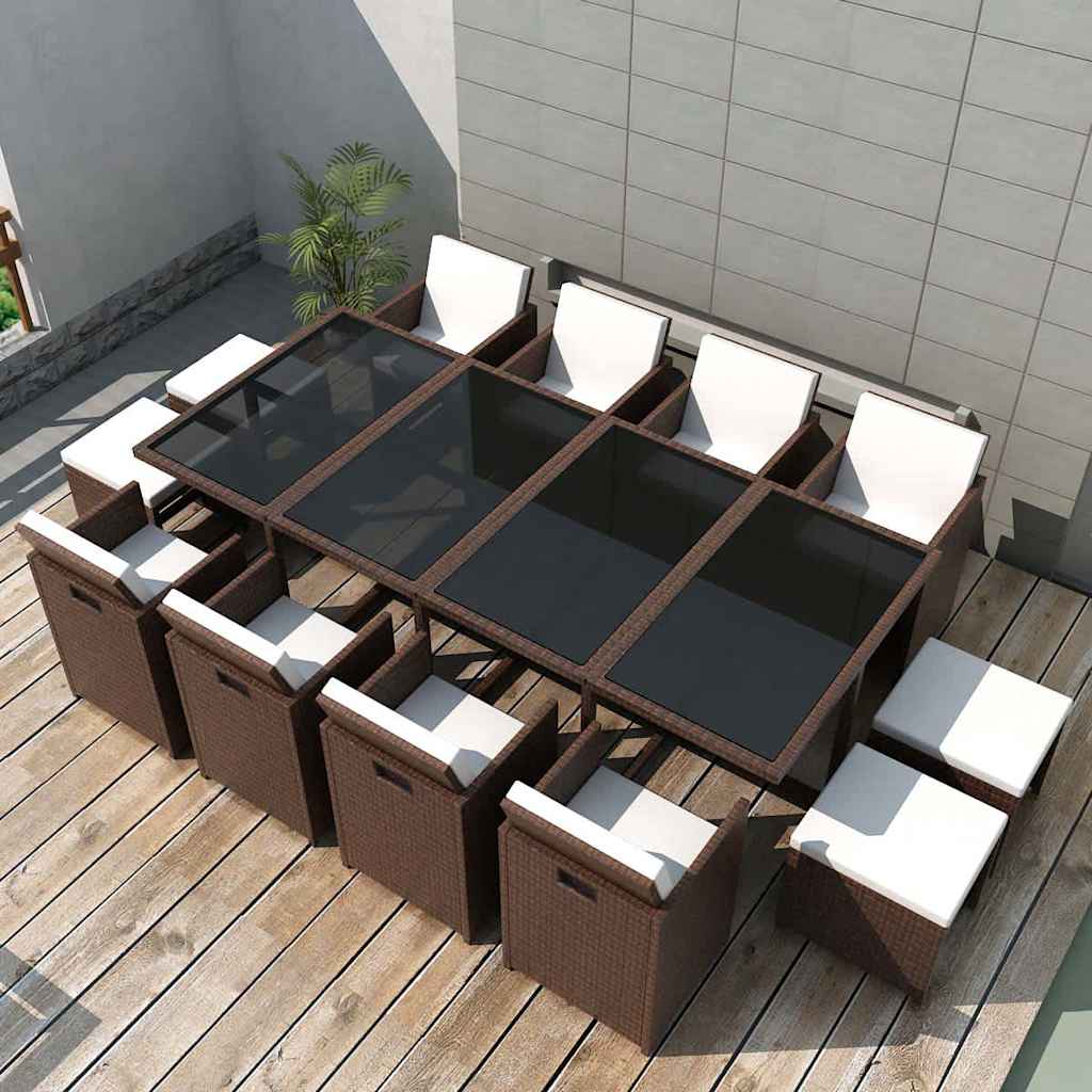 vidaXL 13 Piece Outdoor Dining Set with Cushions Poly Rattan Brown 1