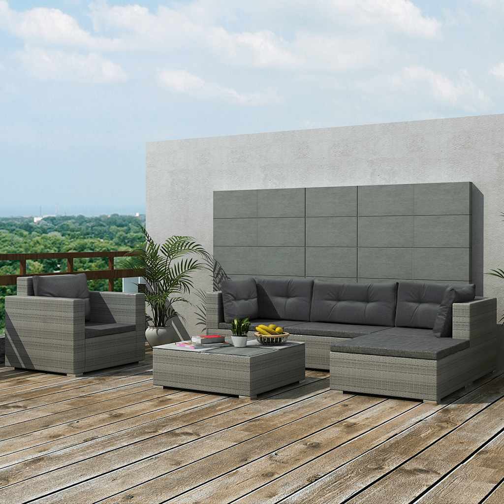42744 vidaXL 6 Piece Garden Lounge Set with Cushions Poly Rattan Grey 2