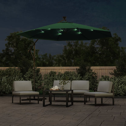 vidaXL Hanging Parasol with LED Lighting 300 cm Green Metal Pole