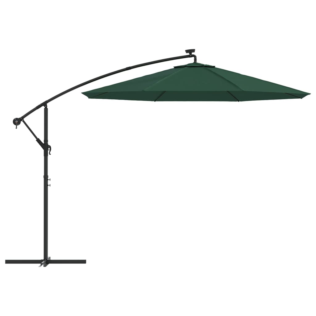 vidaXL Hanging Parasol with LED Lighting 300 cm Green Metal Pole