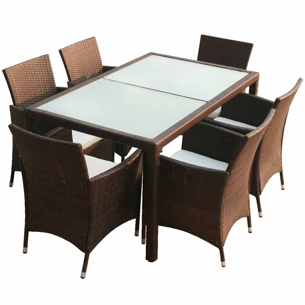 vidaXL 7 Piece Outdoor Dining Set with Cushions Poly Rattan Brown 2