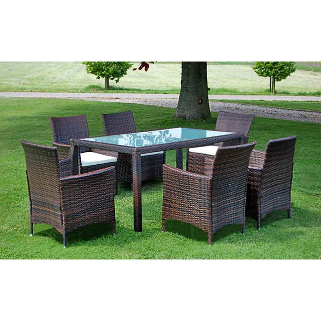vidaXL 7 Piece Outdoor Dining Set with Cushions Poly Rattan Brown 1