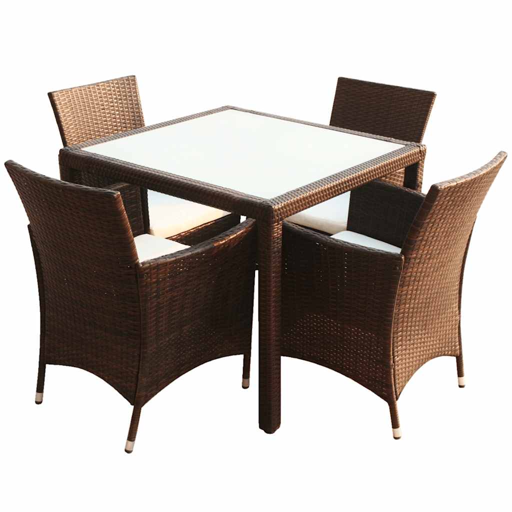 9 Piece Outdoor Dining Set with Cushions Poly Rattan Brown 4x chair + table (glass top) 90 x 90 cm