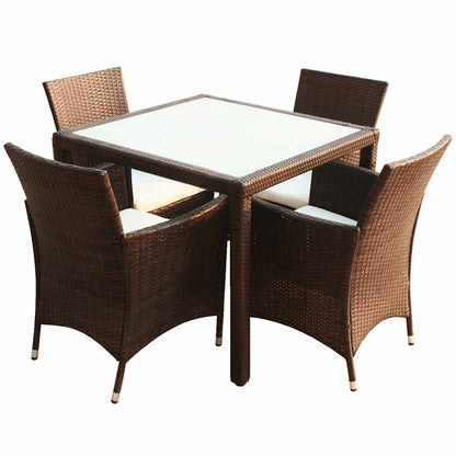 9 Piece Outdoor Dining Set with Cushions Poly Rattan Brown 4x chair + table (glass top) 90 x 90 cm