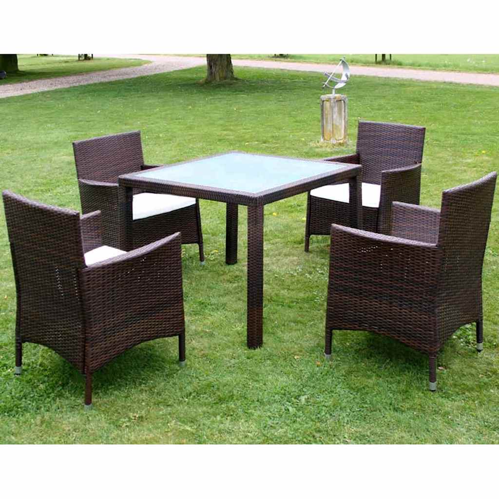 9 Piece Outdoor Dining Set with Cushions Poly Rattan Brown 4x chair + table (glass top) 90 x 90 cm