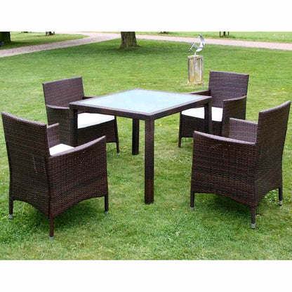 9 Piece Outdoor Dining Set with Cushions Poly Rattan Brown 4x chair + table (glass top) 90 x 90 cm