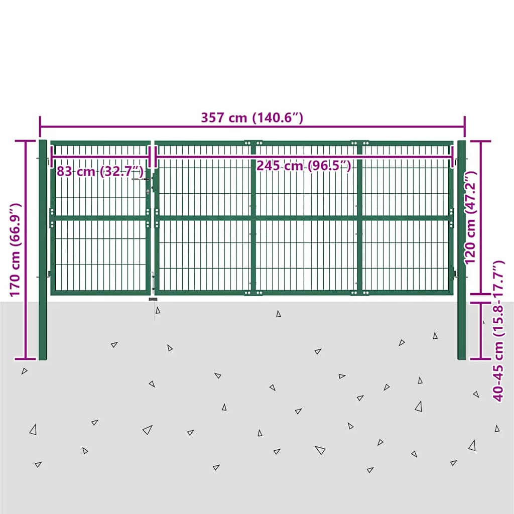 142570 vidaXL Garden Fence Gate with Posts 350x120 cm Steel Green 5