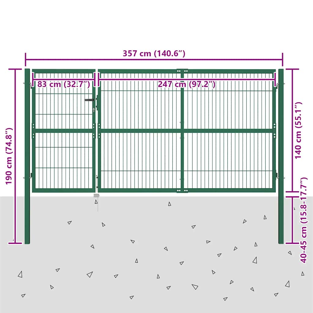 vidaXL Garden Fence Gate with Posts 350x140 cm Steel Green 5