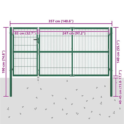 vidaXL Garden Fence Gate with Posts 350x140 cm Steel Green 5