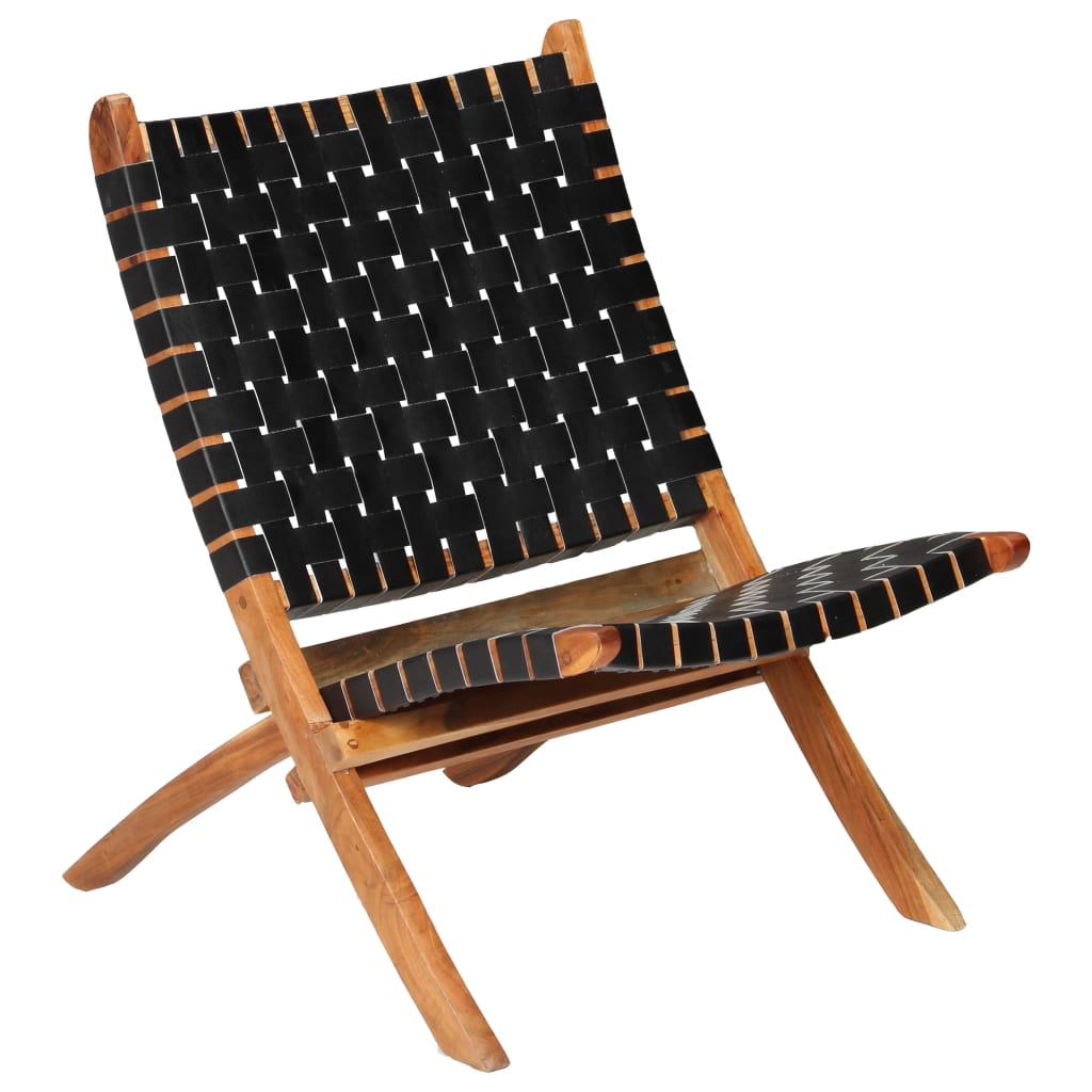 vidaXL Folding Chair Crossed-Stripe Black Real Leather