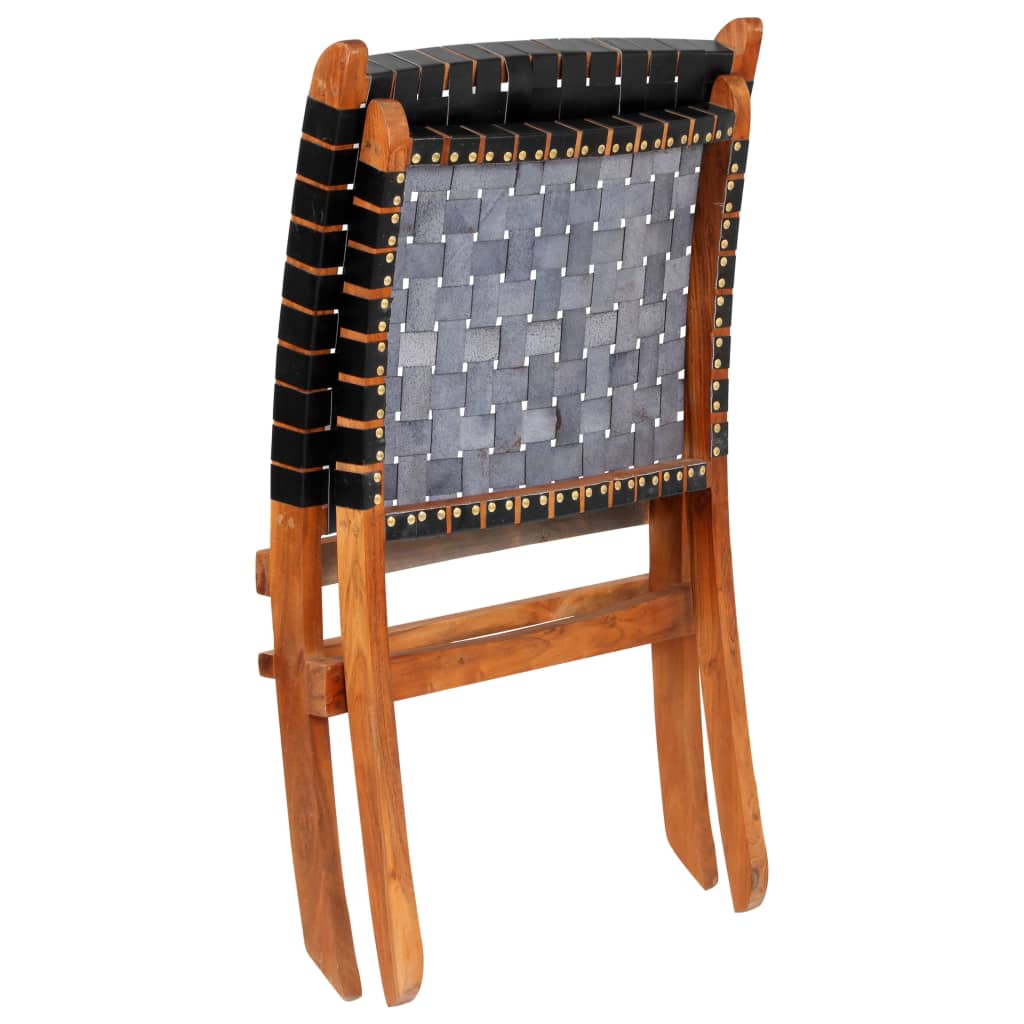 vidaXL Folding Chair Crossed-Stripe Black Real Leather