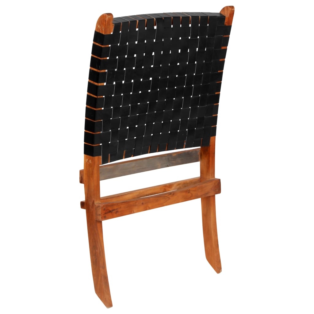 vidaXL Folding Chair Crossed-Stripe Black Real Leather