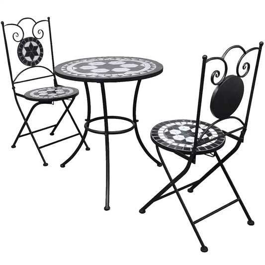 3 Piece Bistro Set Ceramic Tile Black and white Round