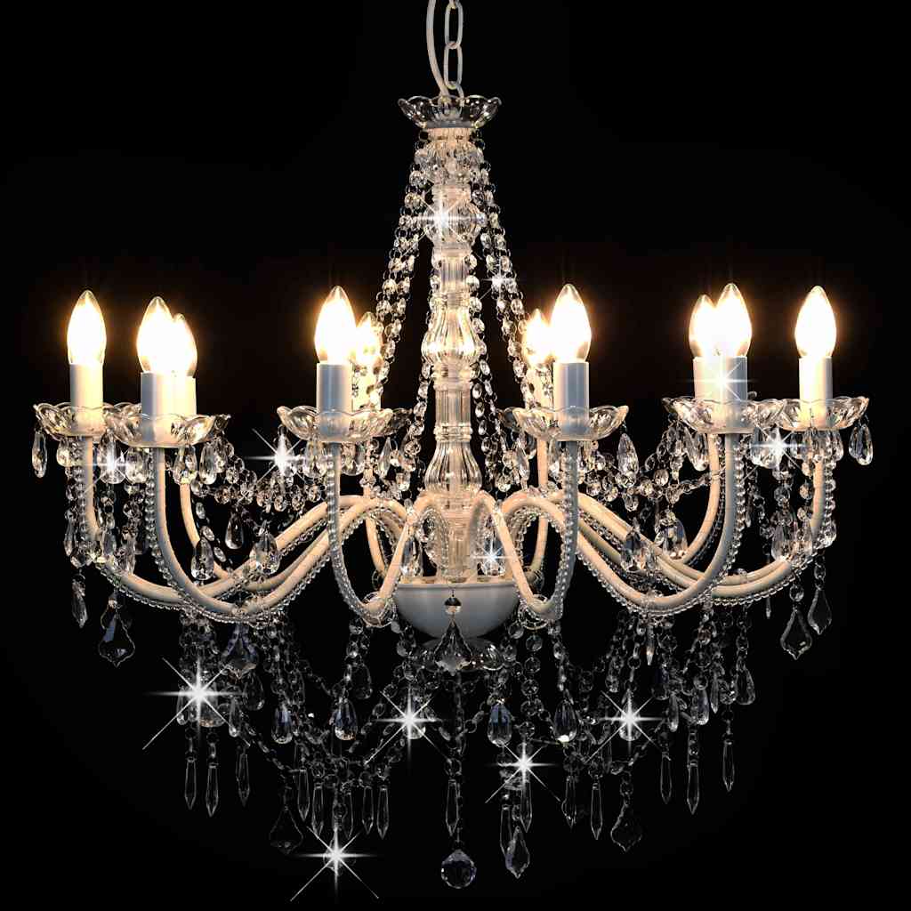 Chandelier with Beads 12 x E14 Bulbs White Ø 80 x 75 cm