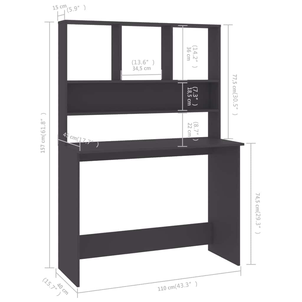 Desk with Shelves 110x45x157 cm Engineered Wood Grey