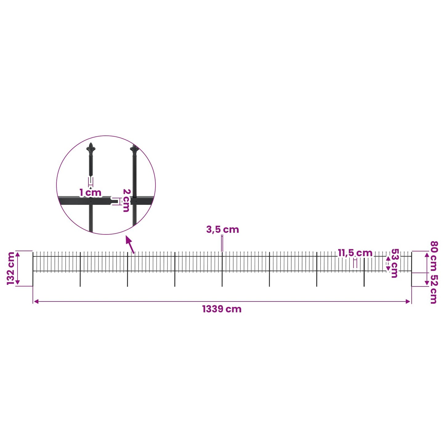 vidaXL Garden Fence with Spear Top Steel 1339x80 cm Black 5