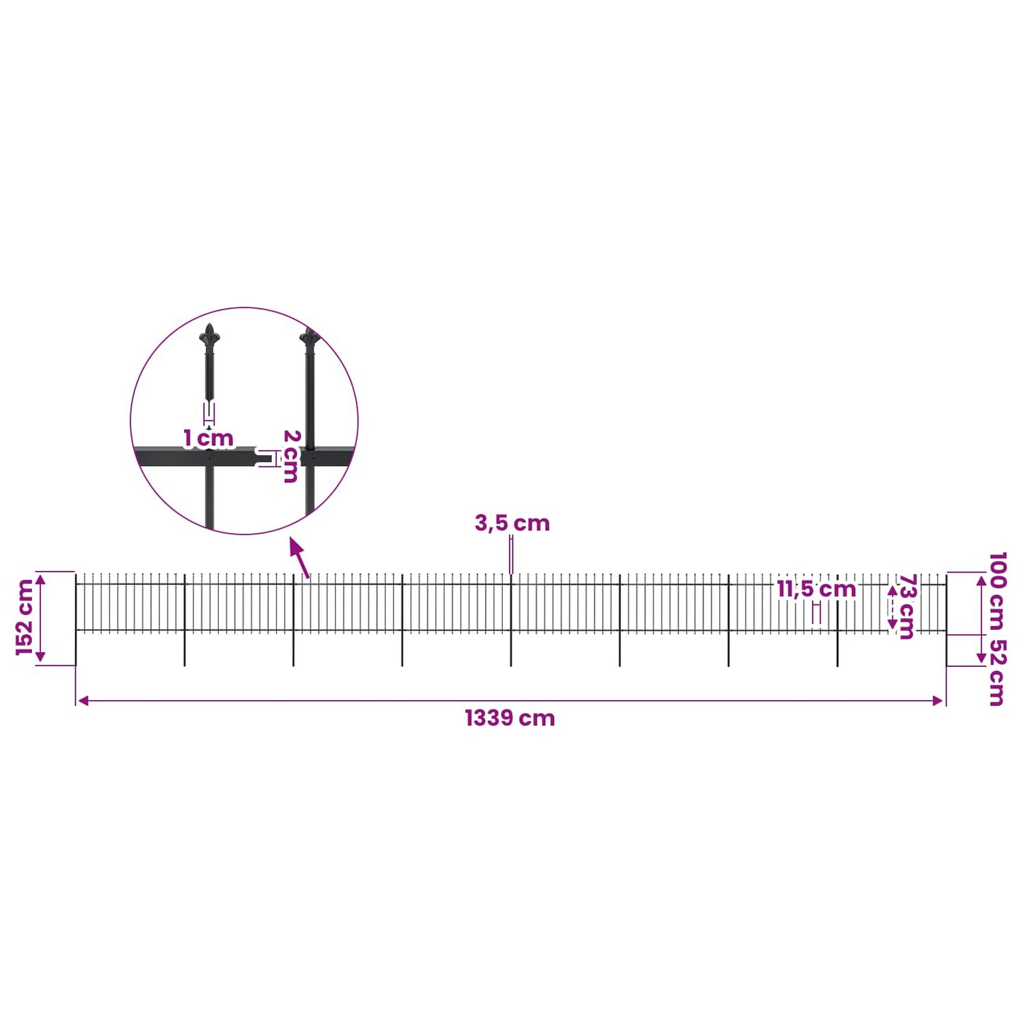vidaXL Garden Fence with Spear Top Steel 1339x100 cm Black 5