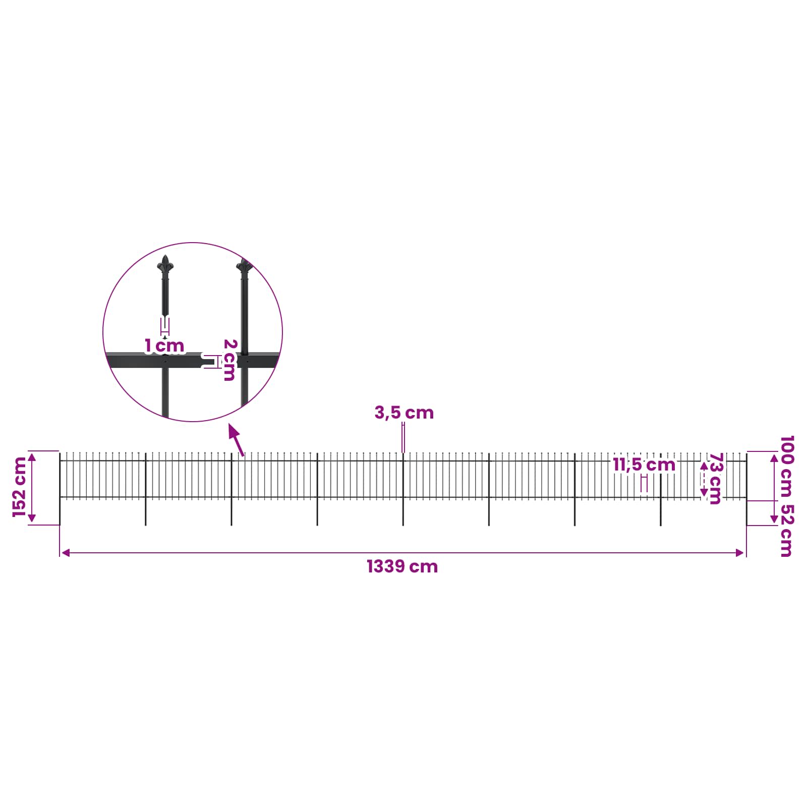 vidaXL Garden Fence with Spear Top Steel 1339x100 cm Black 5