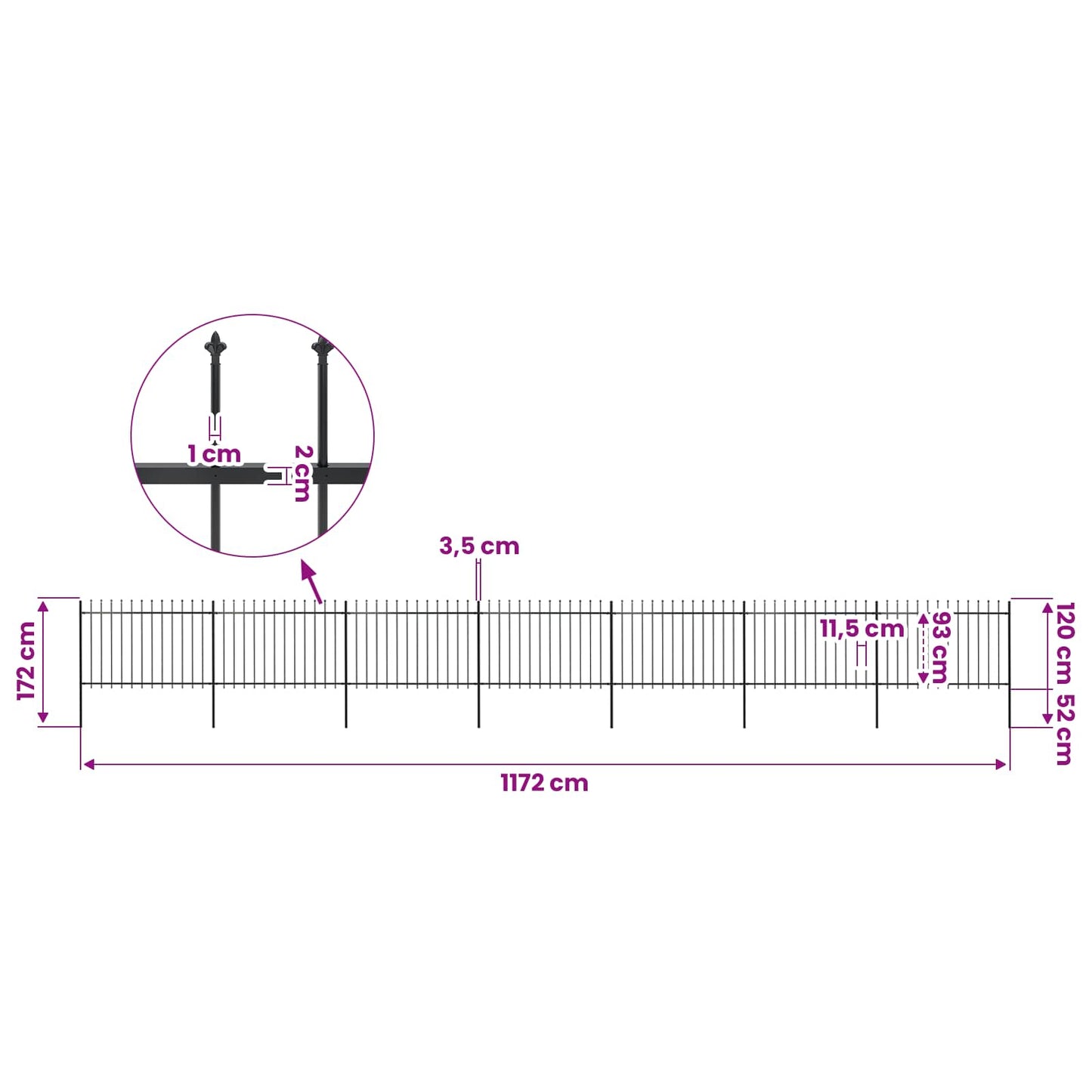 vidaXL Garden Fence with Spear Top Steel 1172x120 cm Black 5