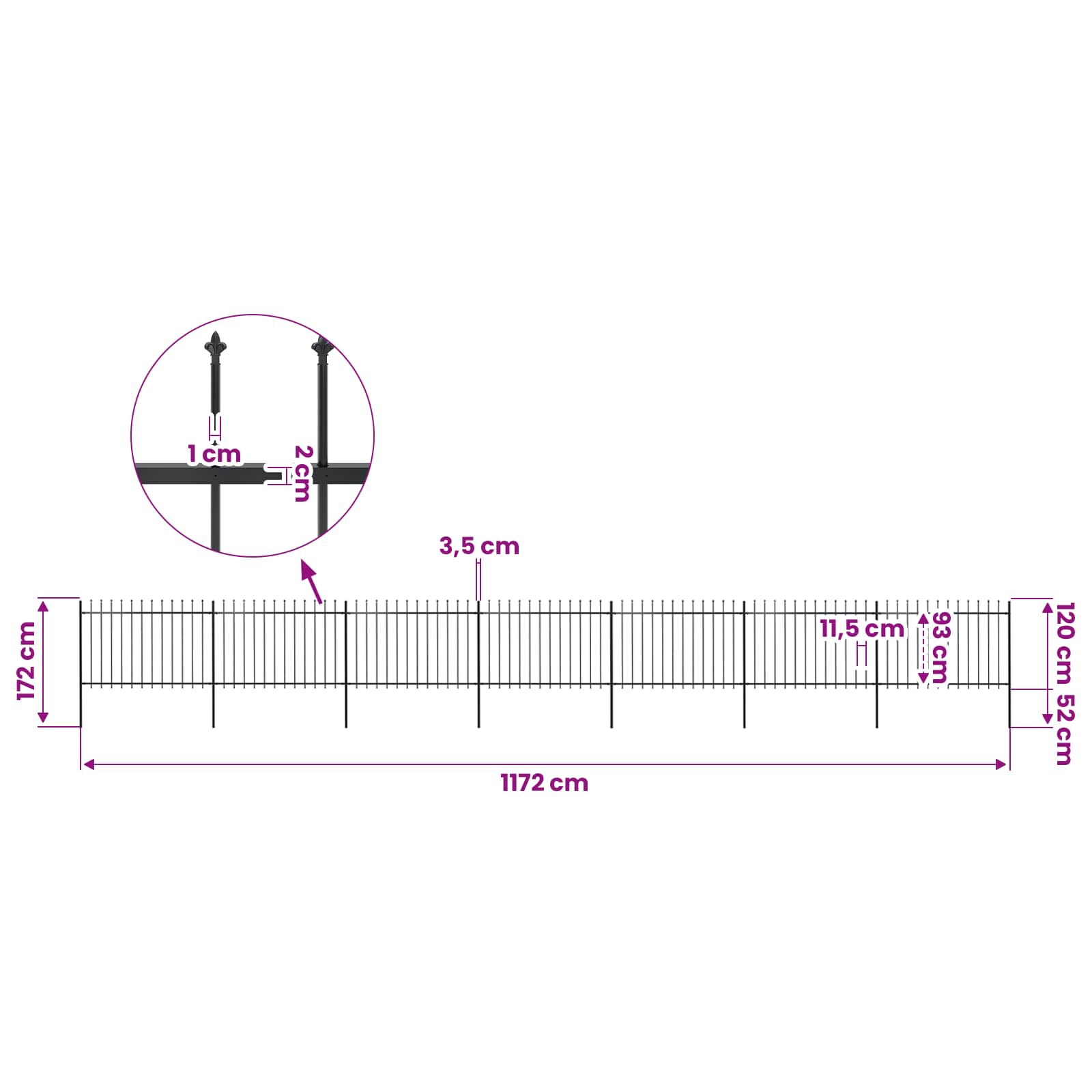 vidaXL Garden Fence with Spear Top Steel 1172x120 cm Black 5