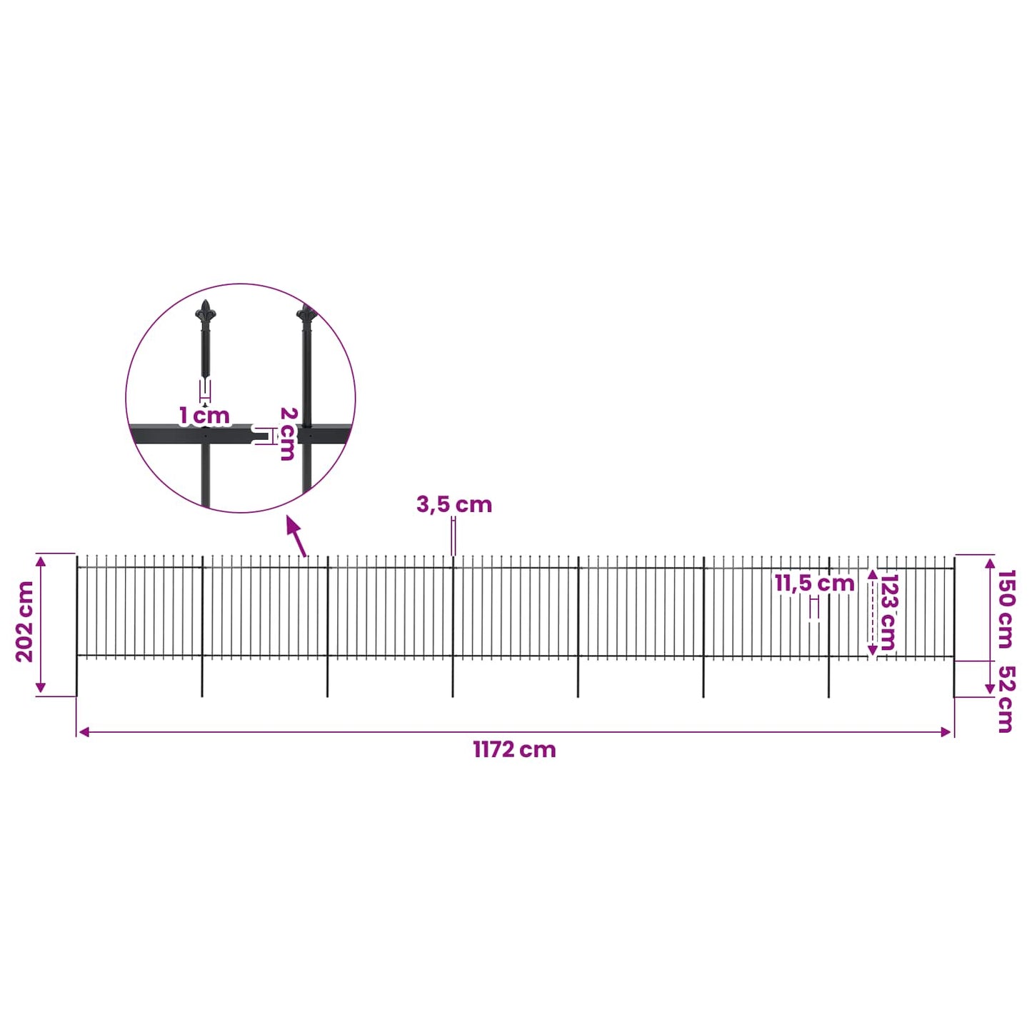 vidaXL Garden Fence with Spear Top Steel 1172x150 cm Black 5