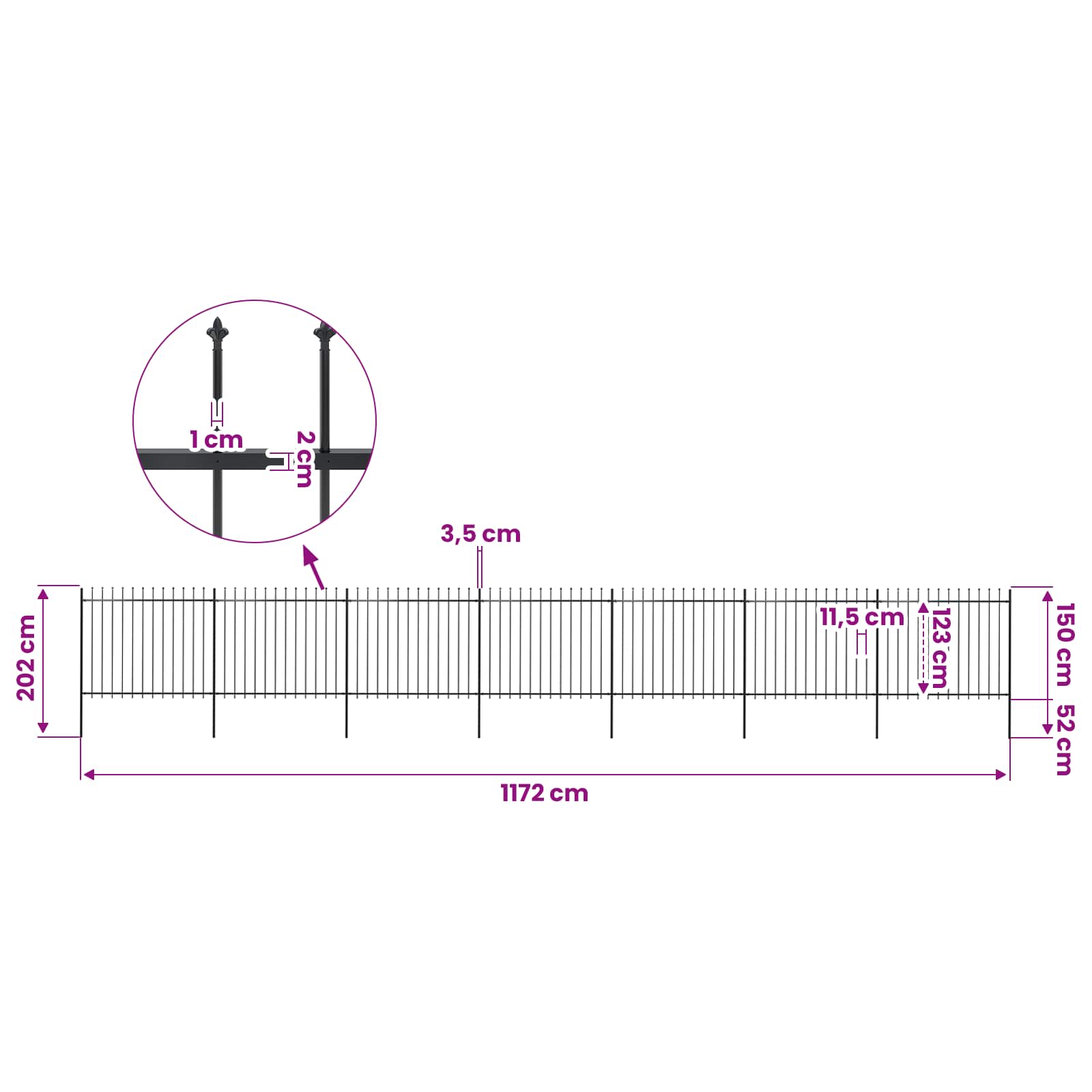 vidaXL Garden Fence with Spear Top Steel 1172x150 cm Black 5