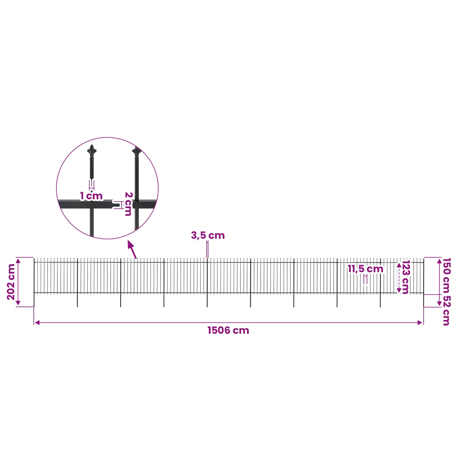 vidaXL Garden Fence with Spear Top Steel 1506x150 cm Black 5