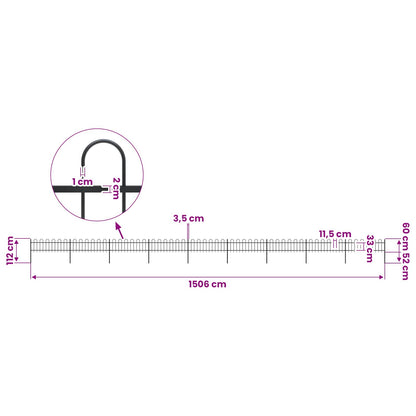 vidaXL Garden Fence with Hoop Top Steel 1506x60 cm Black 5
