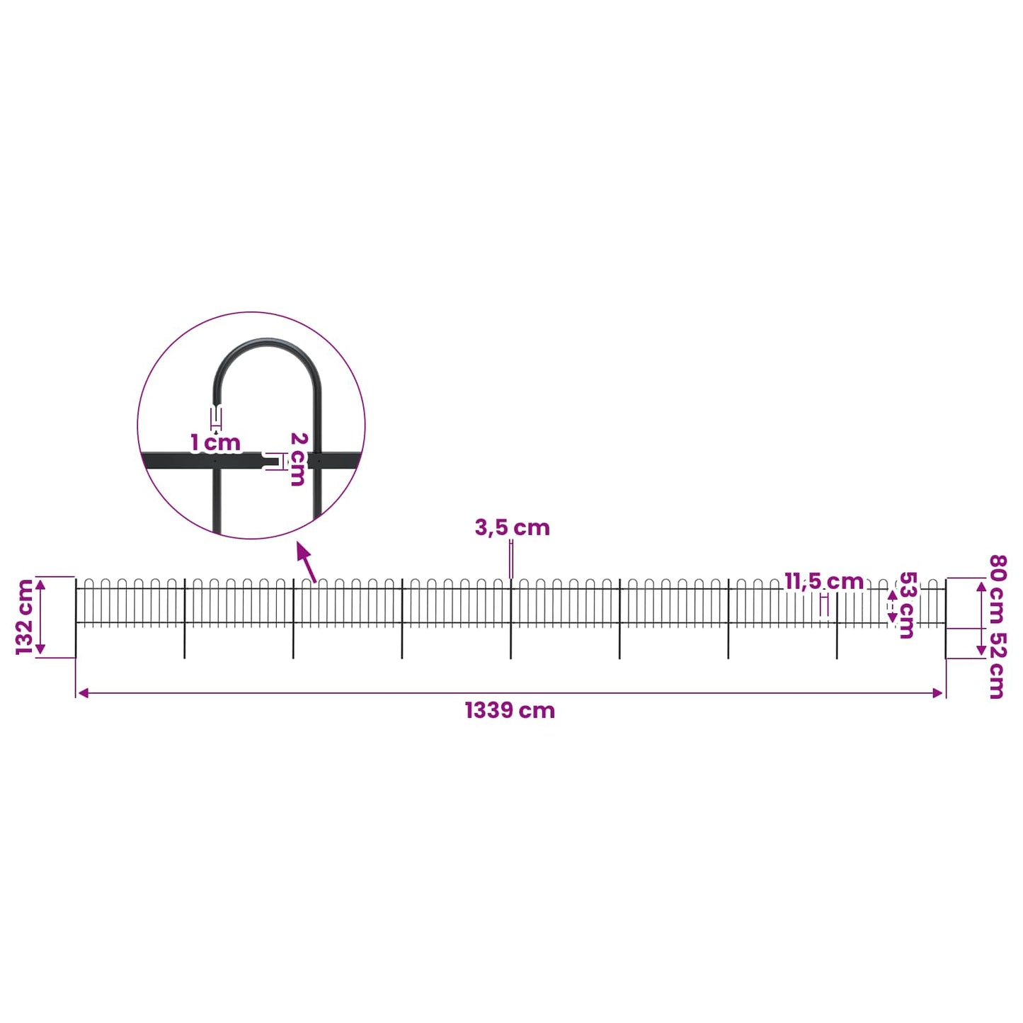 vidaXL Garden Fence with Hoop Top Steel 1339x80 cm Black 5