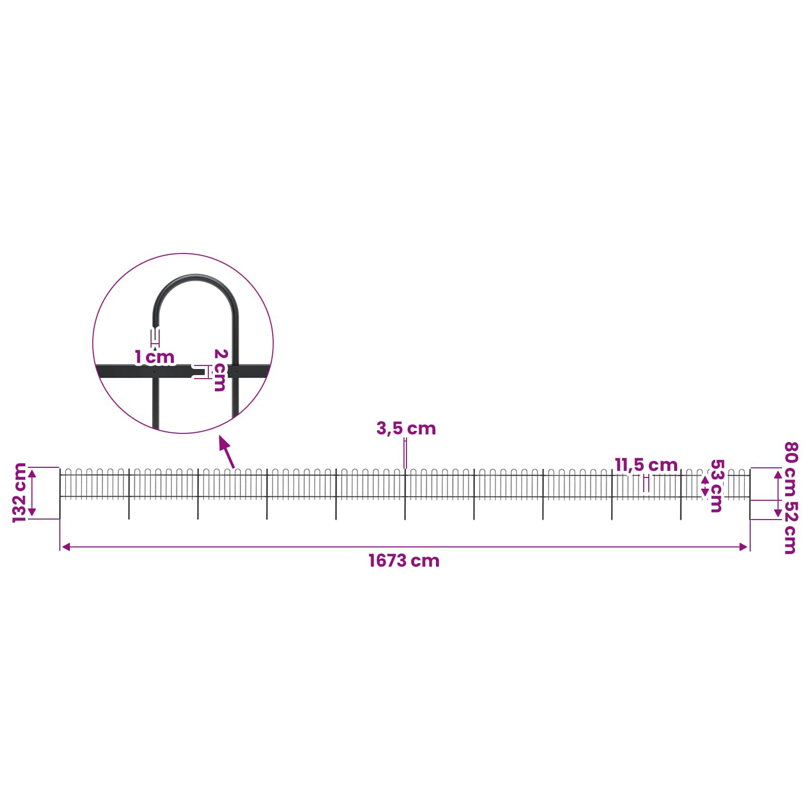 vidaXL Garden Fence with Hoop Top Steel 1673x80 cm Black 5