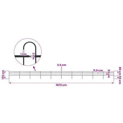vidaXL Garden Fence with Hoop Top Steel 1673x80 cm Black 5