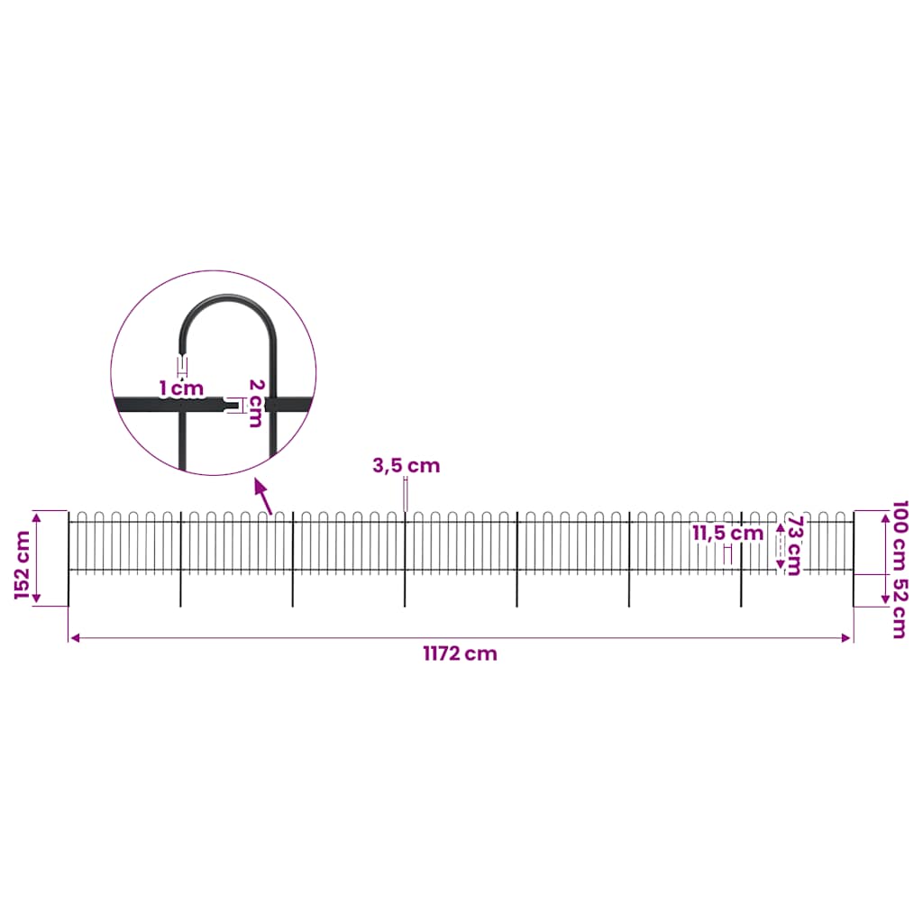 vidaXL Garden Fence with Hoop Top Steel 1172x100 cm Black 5