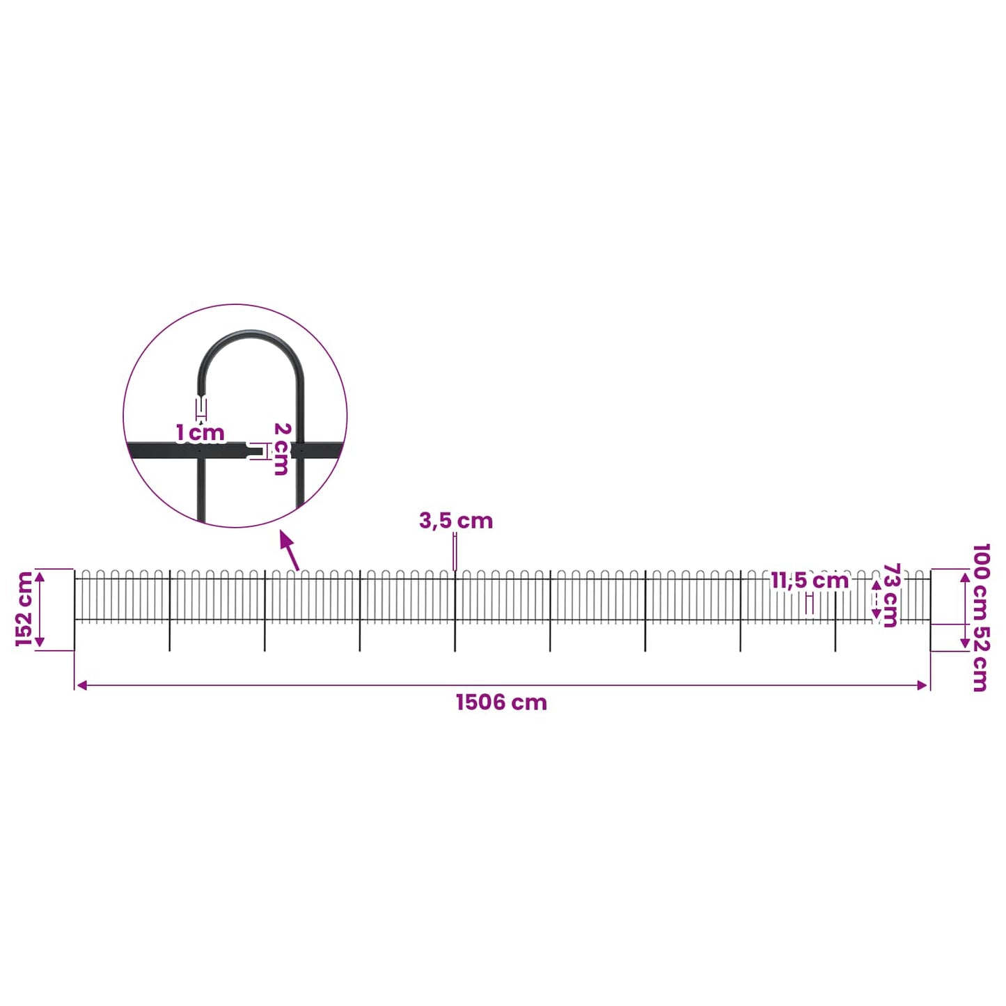 vidaXL Garden Fence with Hoop Top Steel 1506x100 cm Black 5