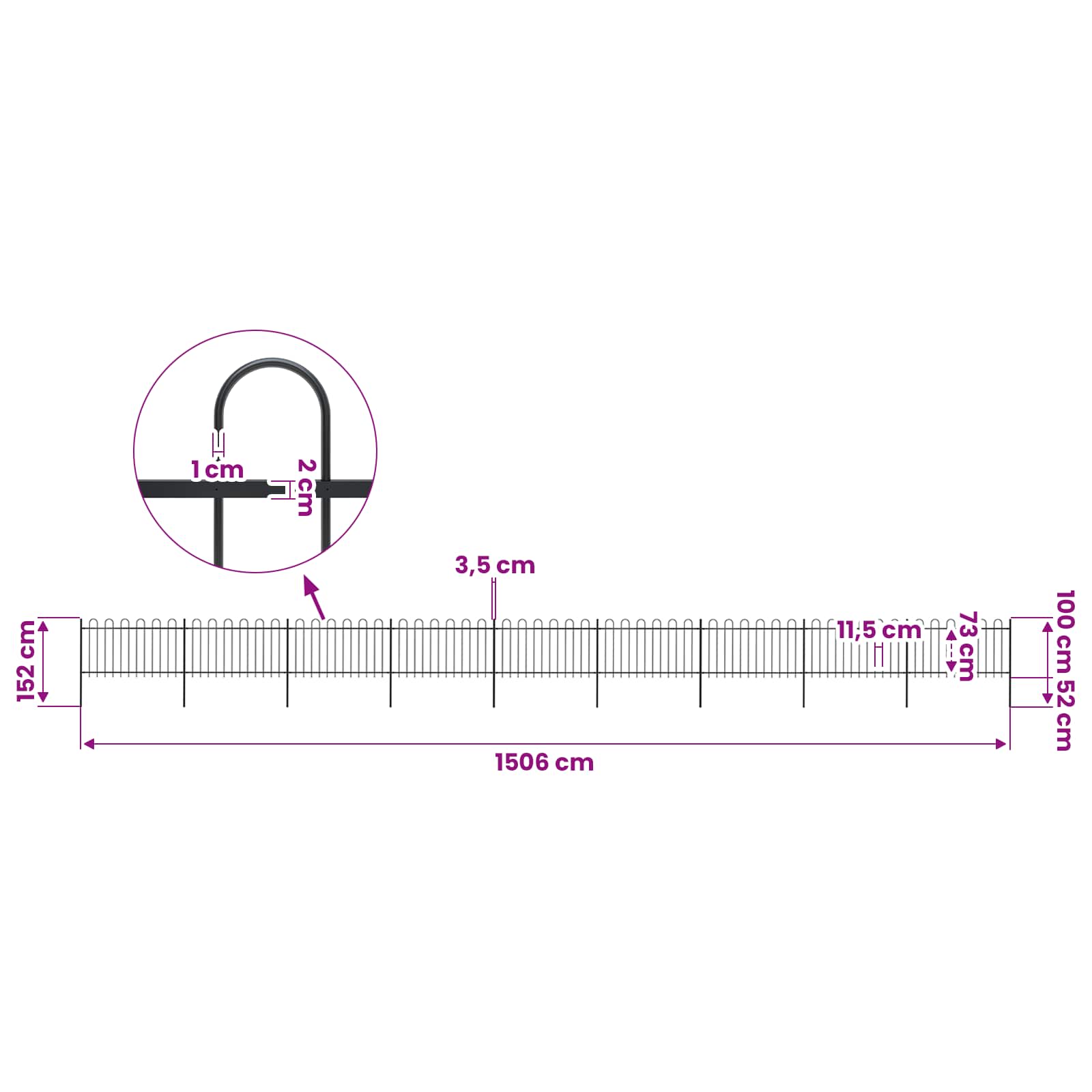 vidaXL Garden Fence with Hoop Top Steel 1506x100 cm Black 5