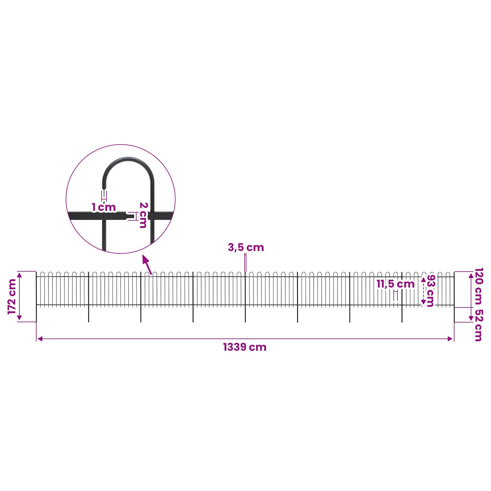 vidaXL Garden Fence with Hoop Top Steel 1339x120 cm Black 5