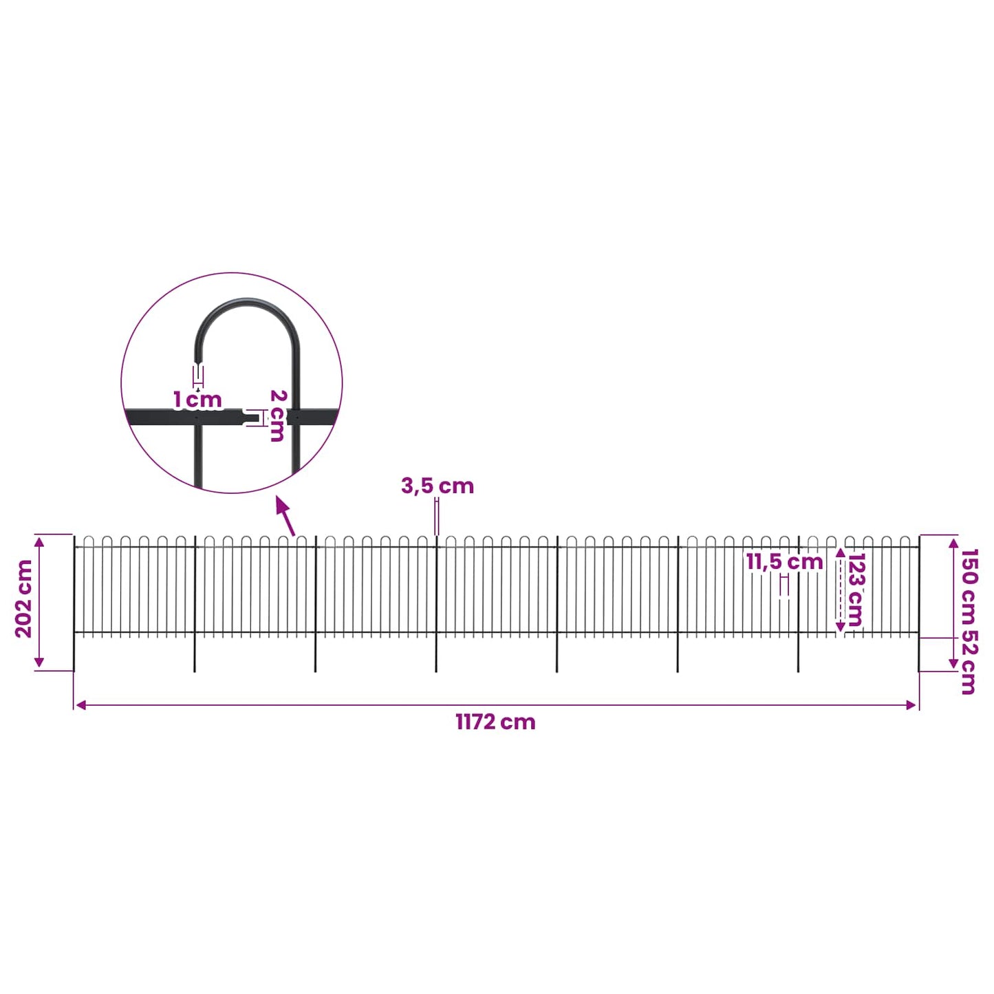 vidaXL Garden Fence with Hoop Top Steel 1172x150 cm Black 5