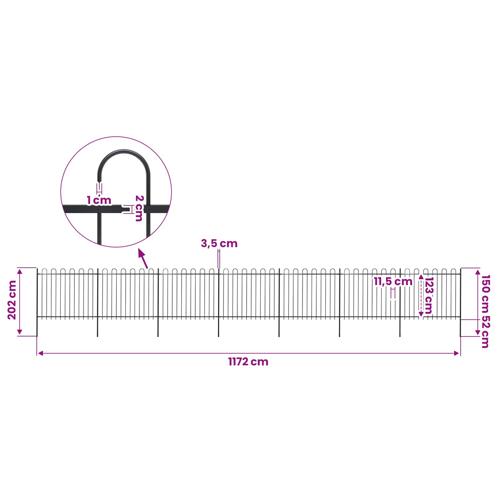 vidaXL Garden Fence with Hoop Top Steel 1172x150 cm Black 5
