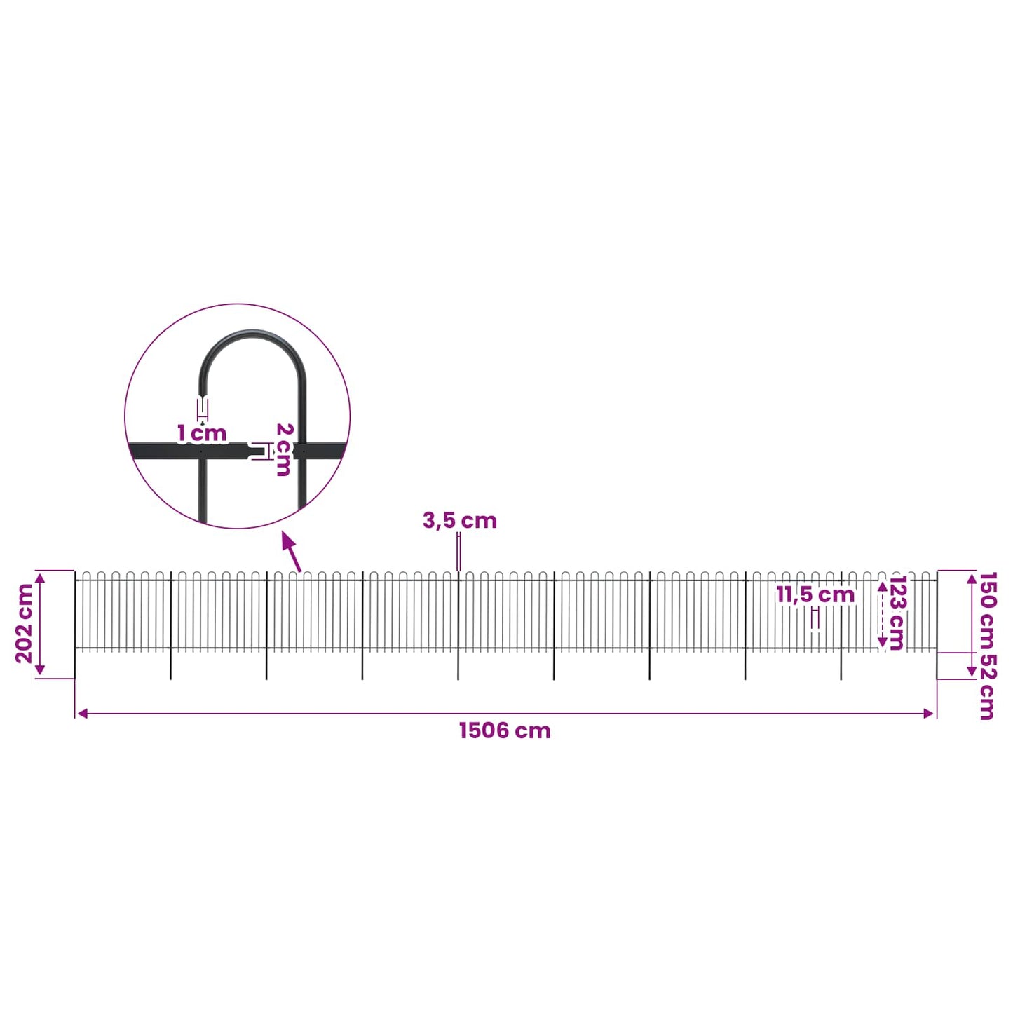 vidaXL Garden Fence with Hoop Top Steel 1506x150 cm Black 5