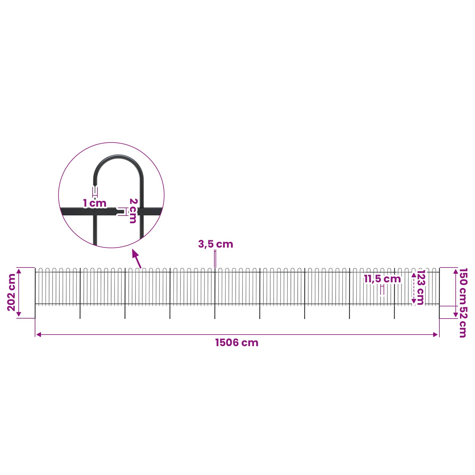 vidaXL Garden Fence with Hoop Top Steel 1506x150 cm Black 5