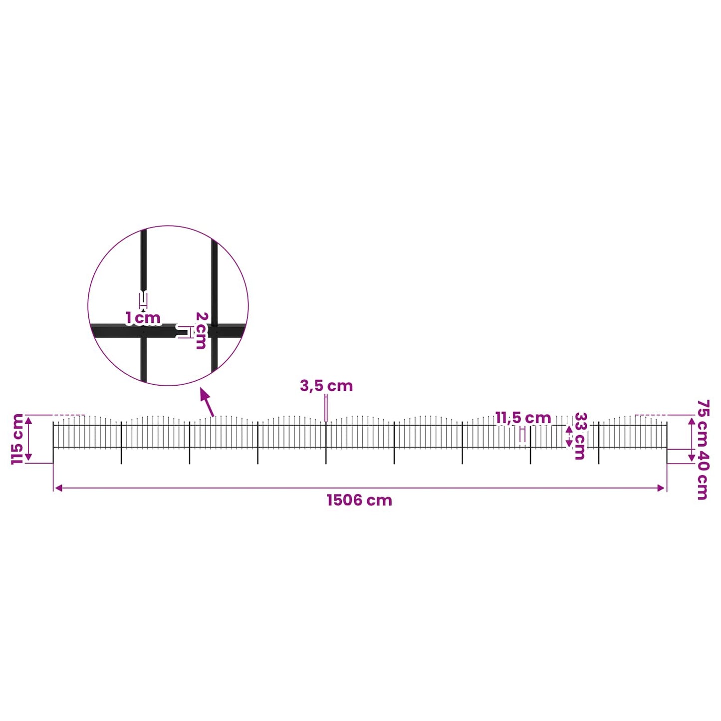 vidaXL Garden Fence with Spear Top Steel 1506x75 cm Black 5